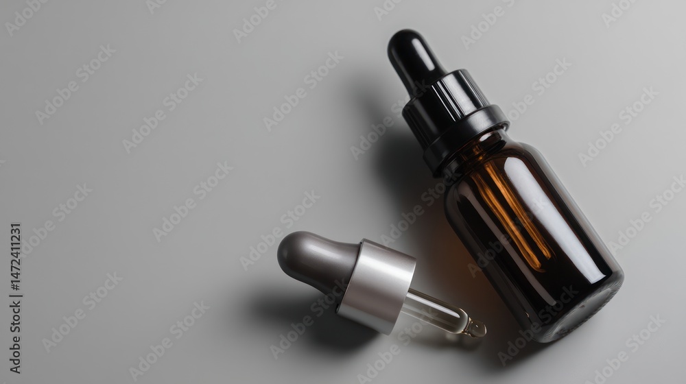 Fototapeta premium Glass dropper bottles with liquid on smooth gray surface