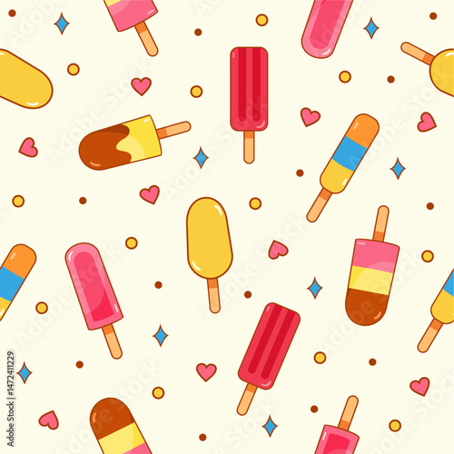Ice cream seamless pattern. Cute background wallpaper. Colorful ice cream popsicle stick illustration