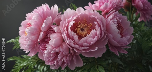 Full bloom peony bouquet, dewy petals, lush greenery ,  summer,  illustration