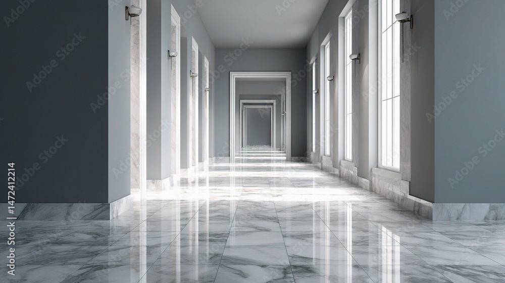 Minimalist Hallway with Gray Walls and Polished Marble Floors Minimalist Hallway with Gray Walls and Polished Marble Floors