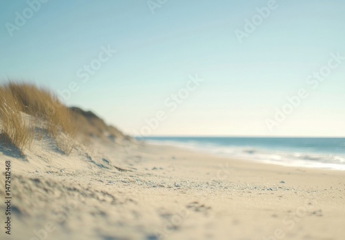 Serene coastal scene: Soft, pale sand meets a calm ocean under a clear, bright sky.  Beach grasses gently sway in the breeze, creating a tranquil atmosphere. : Generative AI