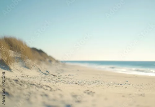 Obraz Serene coastal scene: Soft, pale sand meets a calm ocean under a clear, bright sky.  Beach grasses gently sway in the breeze, creating a tranquil atmosphere. : Generative AI