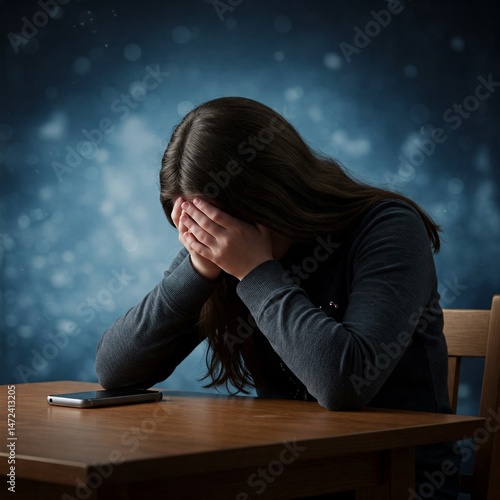 suffering and crying victim girl in front of her smartphone because of the internet crime or scam or bullying or cyberstalking