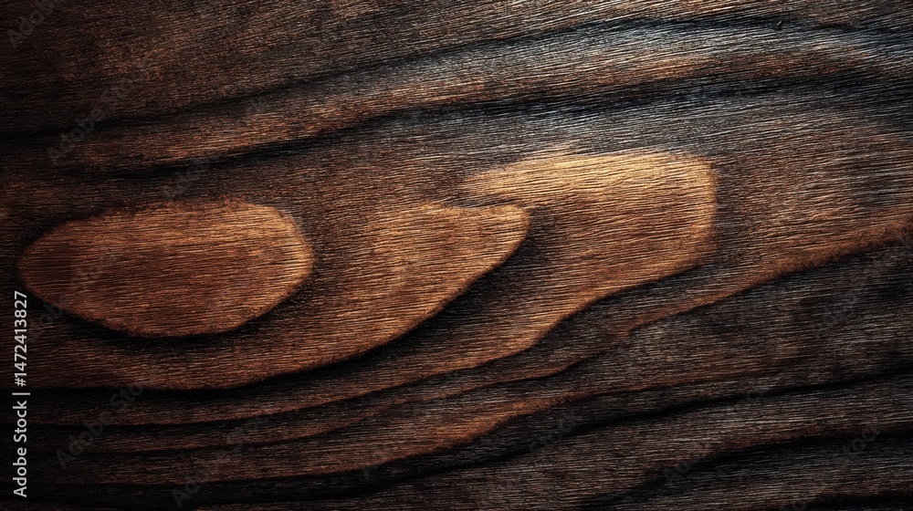 Fototapeta premium Close-up view of dark brown wood grain texture with rich, contrasting tones and visible wood knots, ideal for background or design elements. : Generative AI
