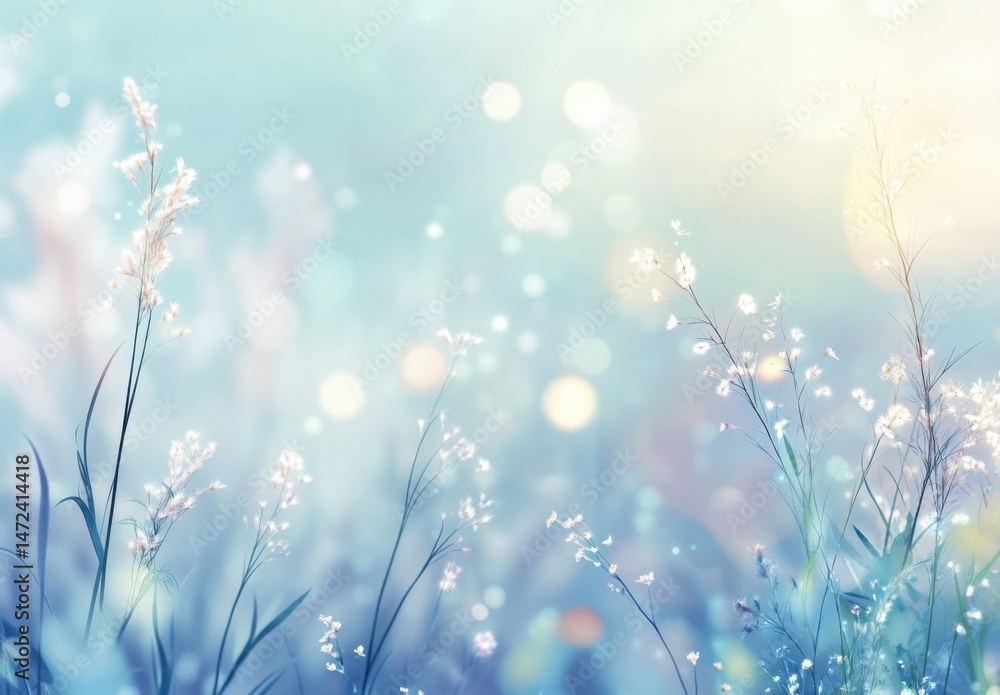Fototapeta premium Serene pastel blue meadow scene with delicate white wildflowers swaying gently in a soft, sunlit breeze, creating a tranquil and dreamy atmosphere. : Generative AI