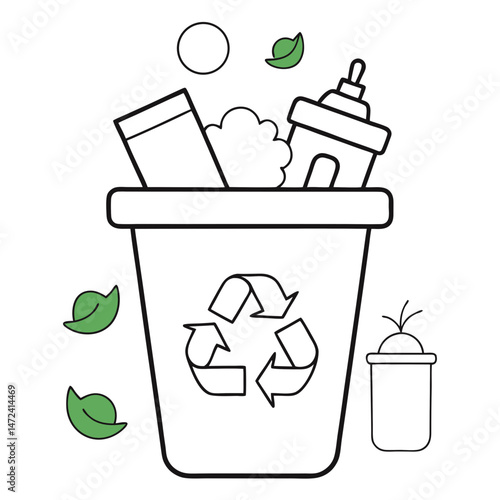 Waste Recycling Concept Outline for Environmental Coloring Book Page Featuring Eco-Friendly and Sustainability Elements