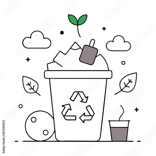 Waste Recycling Concept Outline for Environmental Coloring Book Page Featuring Eco-Friendly and Sustainability Elements
