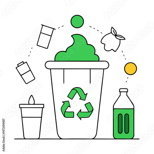 Waste Recycling Concept Outline for Environmental Coloring Book Page Featuring Eco-Friendly and Sustainability Elements
