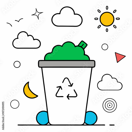 Waste Recycling Concept Outline for Environmental Coloring Book Page Featuring Eco-Friendly and Sustainability Elements