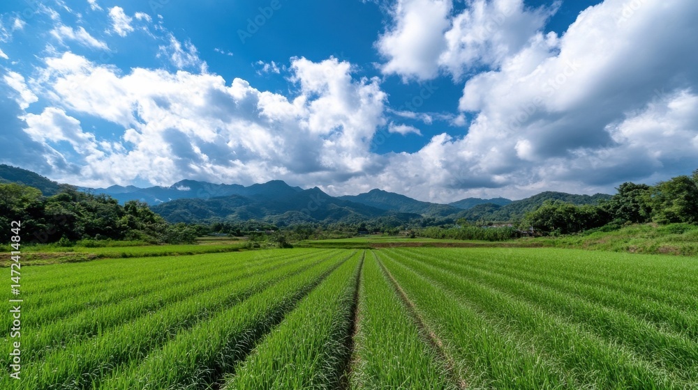Lush green rice paddy field stretches towards a majestic mountain range under a vibrant blue sky dotted with fluffy white clouds, creating a serene and picturesque landscape. : Generative AI Lush green rice paddy field stretches towards a majestic mountain range under a vibrant blue sky dotted with fluffy white clouds, creating a serene and picturesque landscape. : Generative AI
