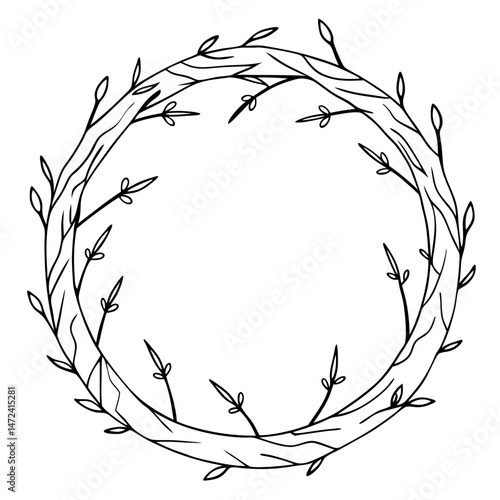Wreath of Birch Outline for Nature-Themed Coloring Book Page Featuring Decorative Foliage and Seasonal Elements