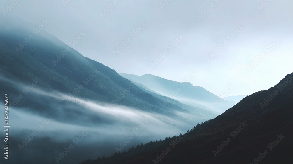 Serene Mountain Scene with Mist Rolling Over Calm Landscape Serene Mountain Scene with Mist Rolling Over Calm Landscape