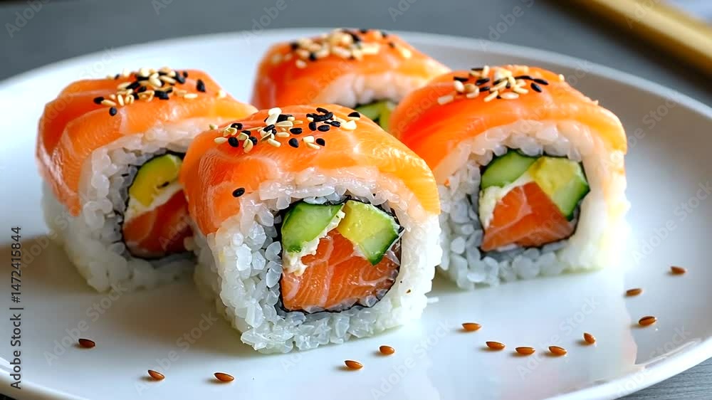Close-up of four uramaki sushi rolls topped with salmon and sesame, filled with fish, avocado, and cucumber Close-up of four uramaki sushi rolls topped with salmon and sesame, filled with fish, avocado, and cucumber