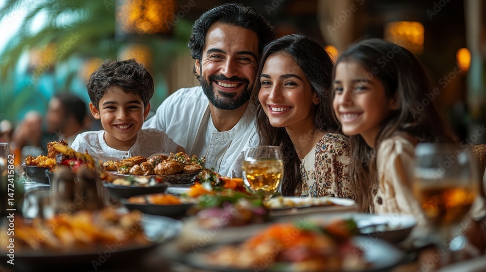 Smiling family enjoying meal together, abundant food displayed on table in warm lighting Smiling family enjoying meal together, abundant food displayed on table in warm lighting