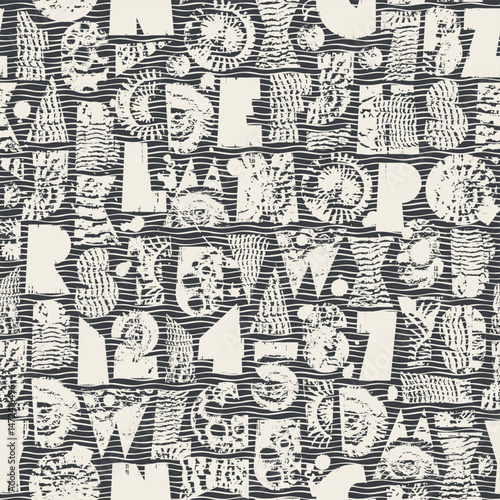 Abstract vector seamless background pattern with simple, thick font, consisting of geometric shapes on the theme of paleontology. Fabric, ceramic tiles, wallpaper, wrapping paper. No AI used.