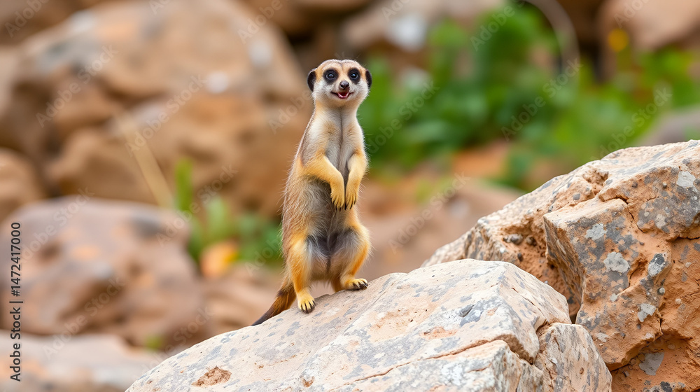 Fototapeta premium Playful meerkat standing alertly on a rock in its natural habitat, displaying its unique characteristics