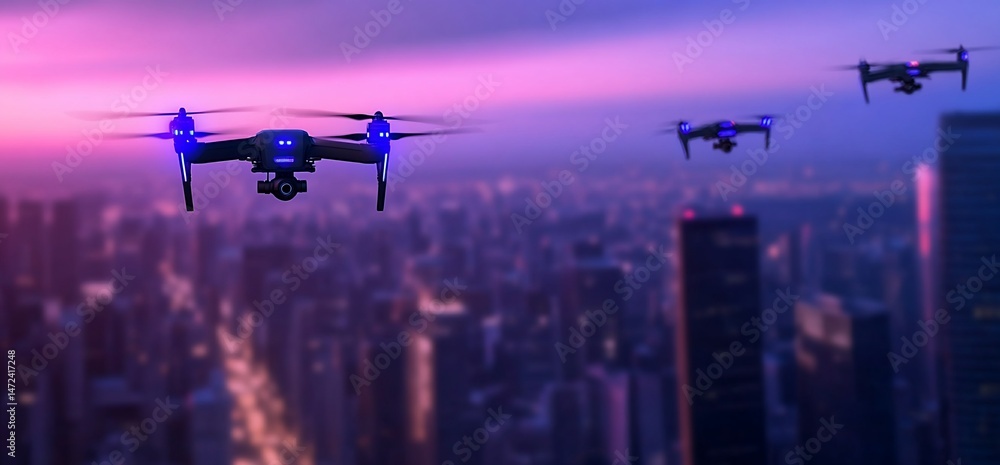 Aerial Drone Fleet Over Urban Metropolis Against Twilight Skies Aerial Drone Fleet Over Urban Metropolis Against Twilight Skies