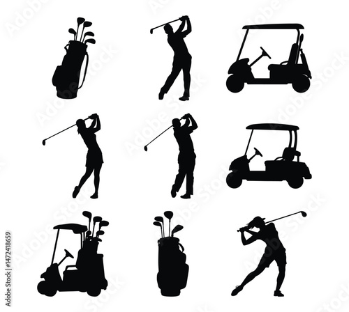 Silhouetted golfers and carts display black icons and swinging figures against a plain backdrop