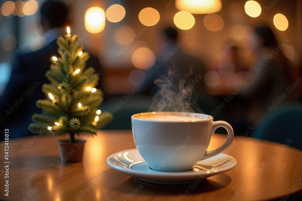 A steaming cup of coffee on a café table with a tiny Christmas tree decorated with lights. The background shows blurred customers and holiday ornaments creating a festive vibe A steaming cup of coffee on a café table with a tiny Christmas tree decorated with lights. The background shows blurred customers and holiday ornaments creating a festive vibe