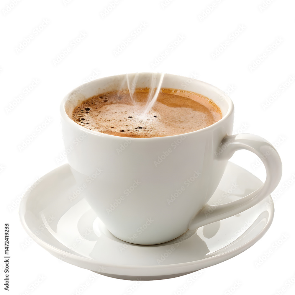Fototapeta premium Steaming Cup of Coffee: A steaming cup of coffee, filled with a rich brown brew, sits on a saucer, inviting a moment of relaxation and rejuvenation. The steam creates a captivating contrast.