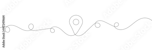 Continuous one line illustration: seamless travel route map with GPS marker. Pin road icon delivery journey marker outline sketch. Business out tourism navigation road marker. Vector illustration.  