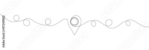 Continuous one line illustration: seamless travel route map with GPS marker. Pin road icon delivery journey marker outline sketch. Business out tourism navigation road marker. Vector illustration.  