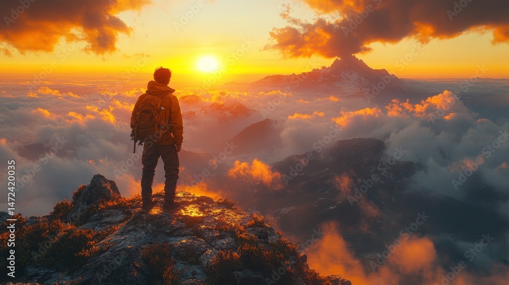 Obraz premium Man standing on mountain peak at sunset, looking at clouds and mountains. Vast landscape below