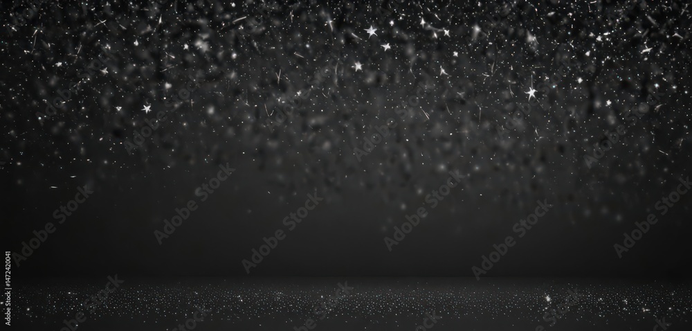 Obraz premium Dark backdrop with scattered silver glitter stars, twinkling pattern, texture, elegant