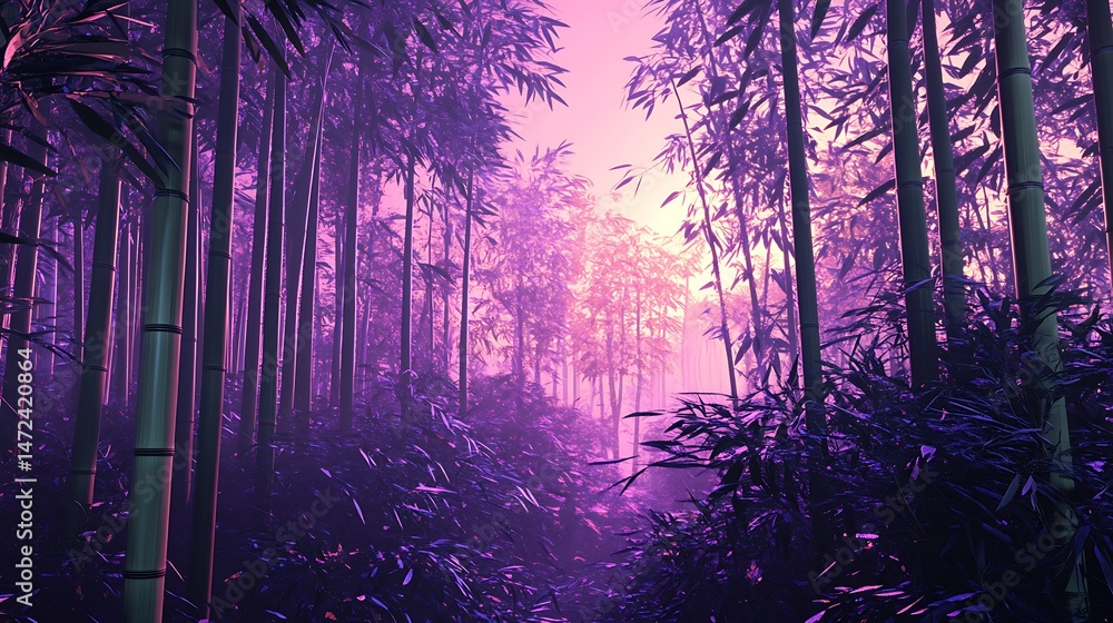 Naklejka premium Mystical purple bamboo forest sunrise