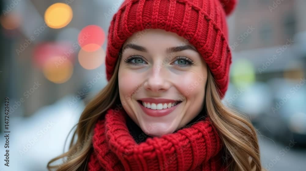 A smiling young woman in a red hat and scarf is set against a bokeh-lit winter background. Concept of: Winter joy. A smiling young woman in a red hat and scarf is set against a bokeh-lit winter background. Concept of: Winter joy.