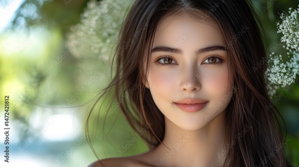 Fototapeta premium Beautiful woman outdoors, natural light, flowers, serene