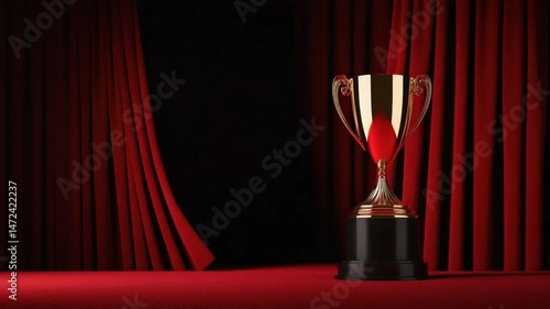 Shiny Golden Trophy on a Black Base Surrounded by Elegant Red Curtains in a Dramatic Display 4k video footage