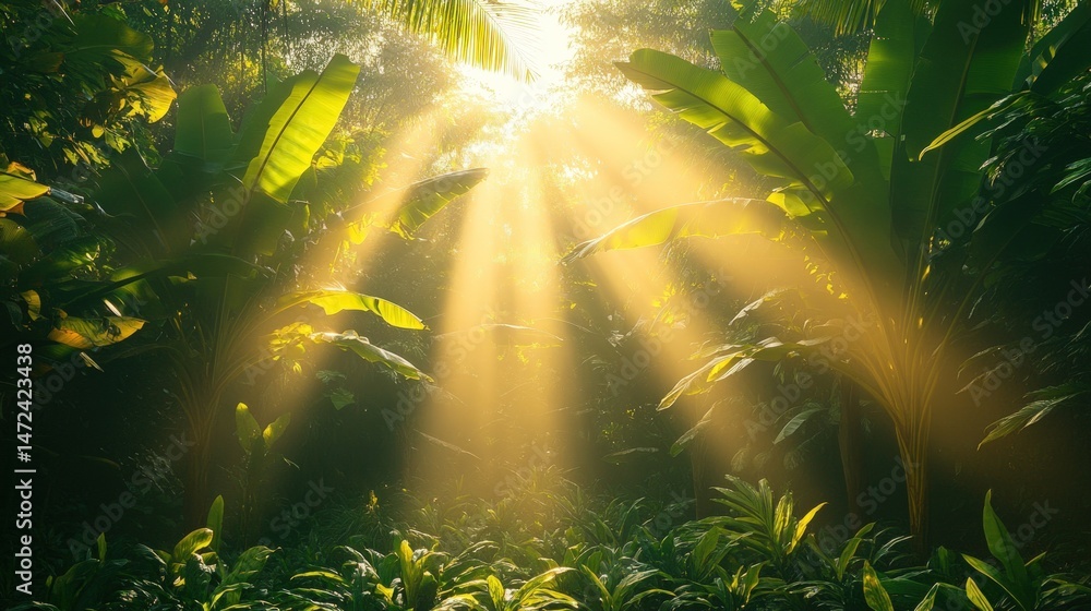 Obraz premium Sunlight streams through dense jungle foliage