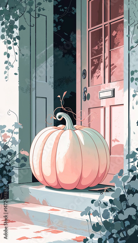 Big pumpkin resting on a porch surrounded by greenery during a serene autumn afternoon Generative AI