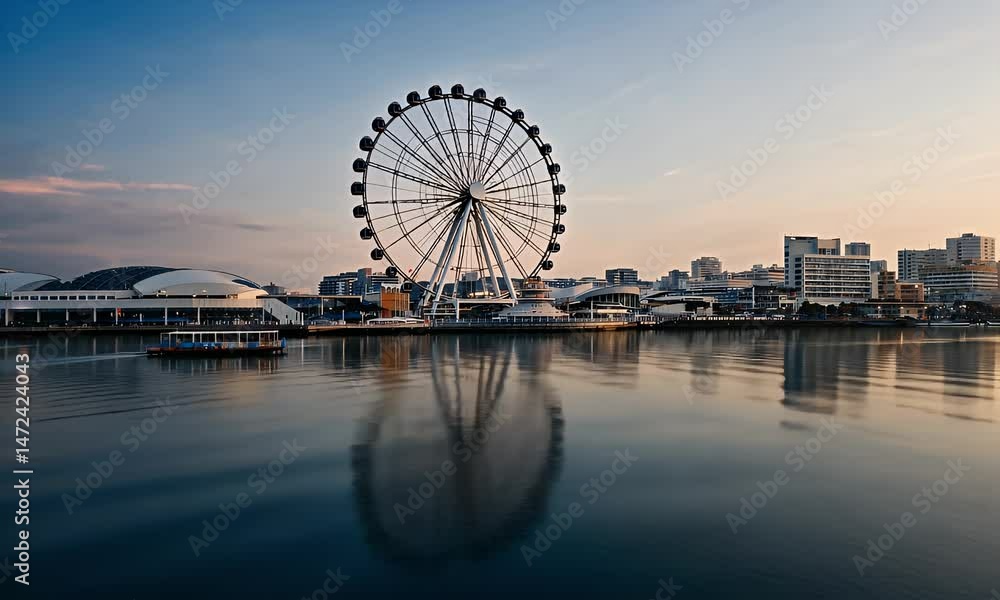 A scenic view of a giant Ferris wheel reflecting on water at sunset, surrounded by modern buildings. A scenic view of a giant Ferris wheel reflecting on water at sunset, surrounded by modern buildings.
