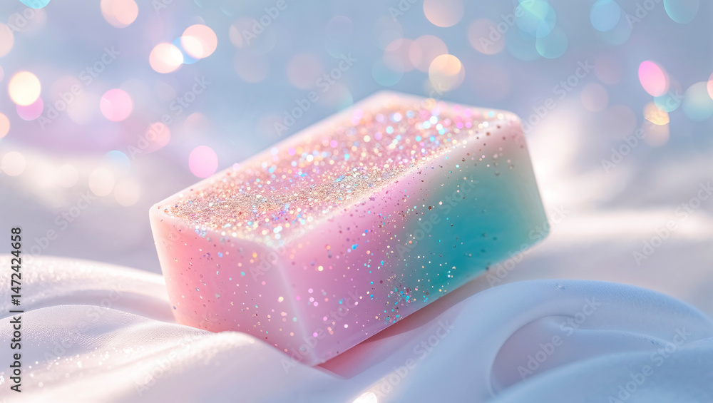 Sparkling pastel soap on a soft white surface with bokeh background elements at golden hour Generative AI Sparkling pastel soap on a soft white surface with bokeh background elements at golden hour Generative AI