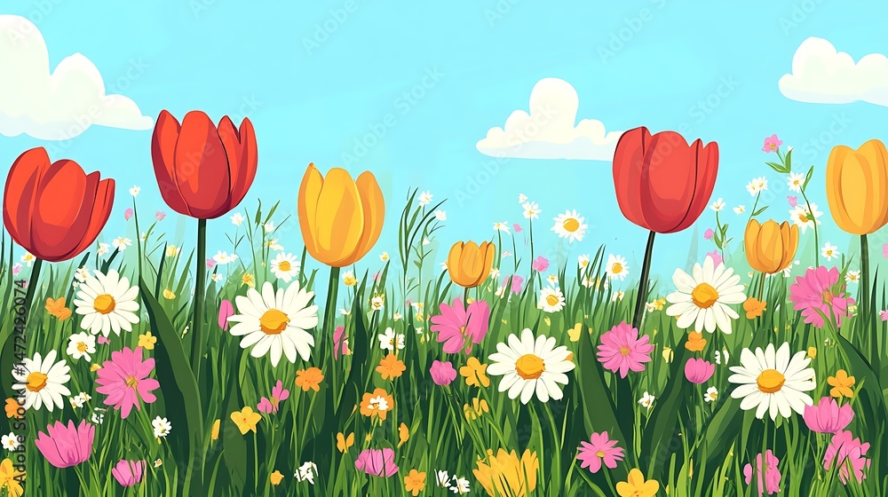 Spring Meadow Tulips with Daisies, and Sun. Spring Meadow Tulips with Daisies, and Sun.