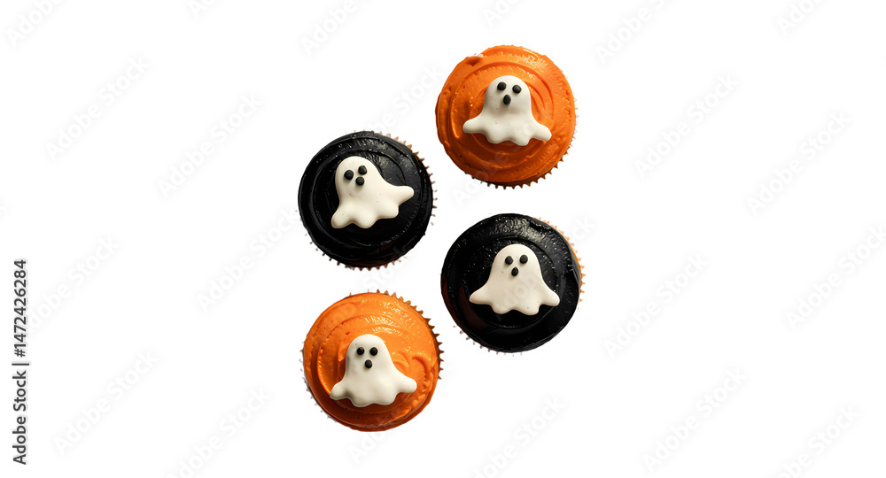 Fototapeta premium A top-down photograph of four festive Halloween cupcakes arranged diagonally on a clean white background. Two cupcakes have vibrant orange frosting and two have dark black frosting.
