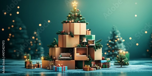 Christmas tree made of cardboard boxes decorated with New Year gifts and toys on blue