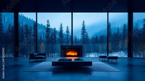 A cozy modern living space with a fireplace, offering a stunning wintry mountain view through expansive windows