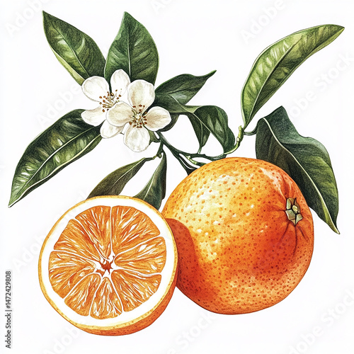Watercolor botanical illustration of whole orange and half-cut orange showing juicy segments and seeds, with green leaves and branch, isolated on white background.