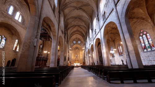 A long shot of the nave of a church, showing rows of dark wooden pews leading to a golden altar, with high stone arches and stained glass windows. : Generative AI