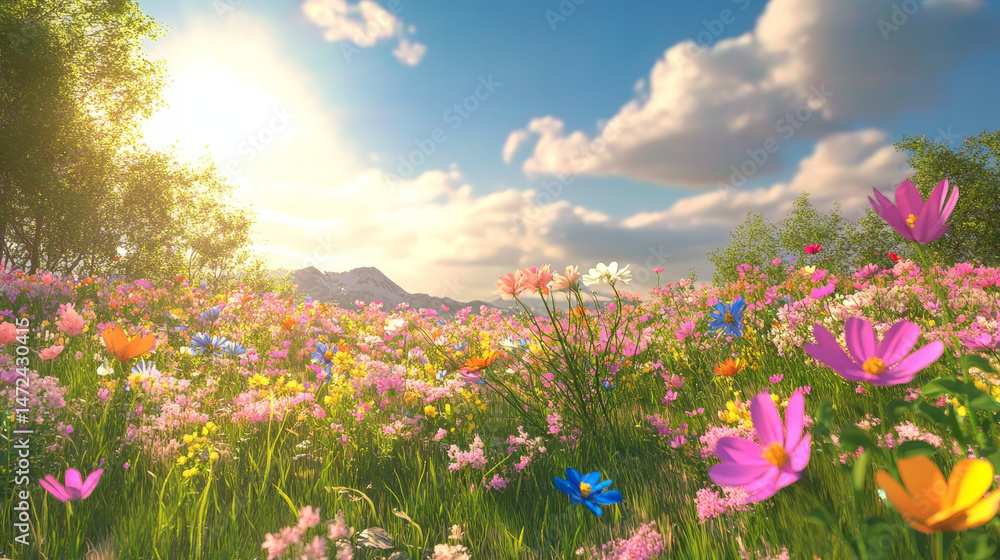A vibrant spring meadow bursting with colorful flowers on a bright, cheerful day A vibrant spring meadow bursting with colorful flowers on a bright, cheerful day