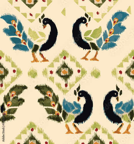 traditional beautiful kalamkari design peacock pattern, ikat pattern for textile.
