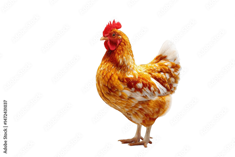Fototapeta premium A stunning golden and white speckled hen isolated on a a detailed image of a domestic chicken breed with vibrant feathers on transparent background