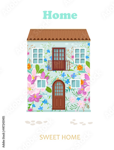 invitation card banner with colorful tiny cute building. cartoon cozy house decorated with flowers and leafy twigs. sweet home