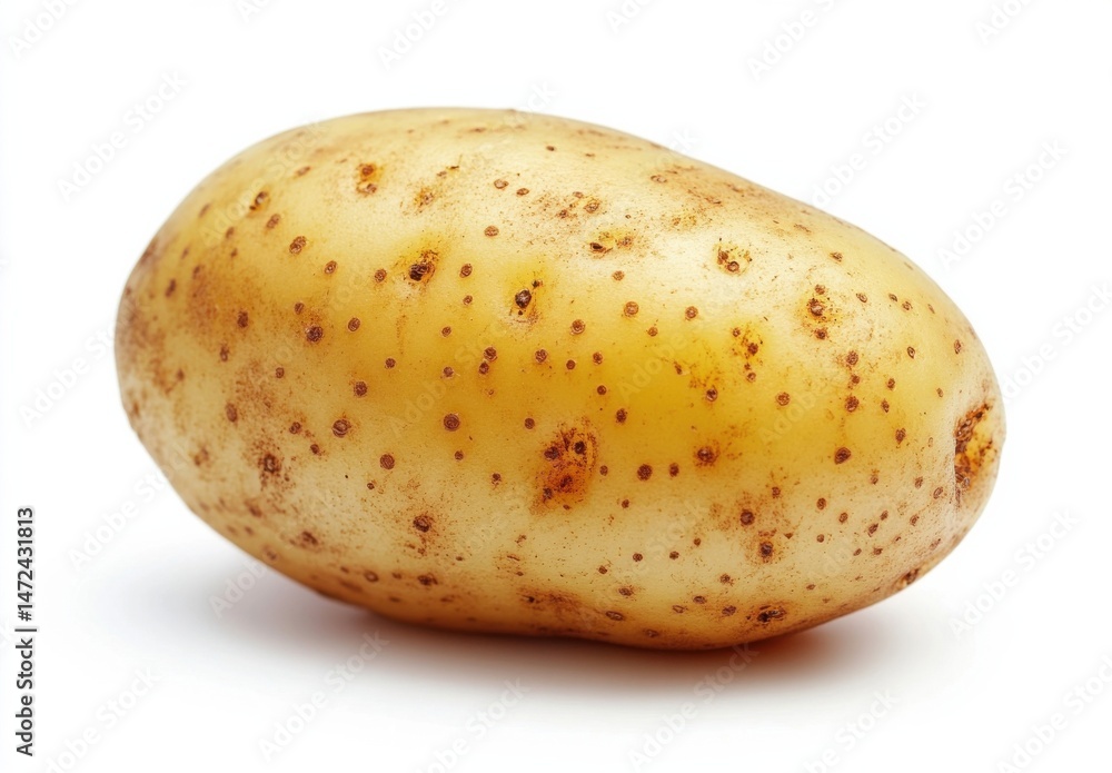 Single, raw yellow potato with brown spots, isolated on white background. A close-up studio shot of a fresh, uncooked potato. : Generative AI Single, raw yellow potato with brown spots, isolated on white background. A close-up studio shot of a fresh, uncooked potato. : Generative AI