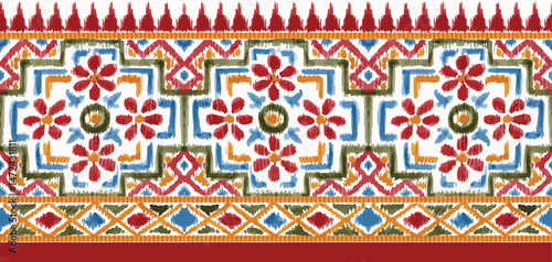 ikat seamless hand drawn ethnic border design.  traditional mughal border. azetec pattern border design. Geometric Vector Textile Border Design.