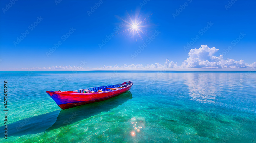 Naklejka premium Vibrant fishing boat floats serenely on crystal-clear turquoise water under a dazzling sun