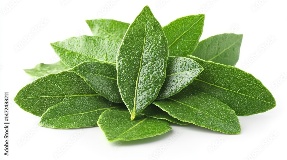 Fototapeta premium Pile of fresh, green leaves with water droplets, capturing natural beauty